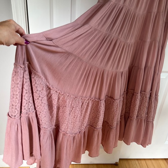 Free People Dusty Pink Cottagecore Boho Ruffle Tiered Maxi Dress Size L - Picture 14 of 15